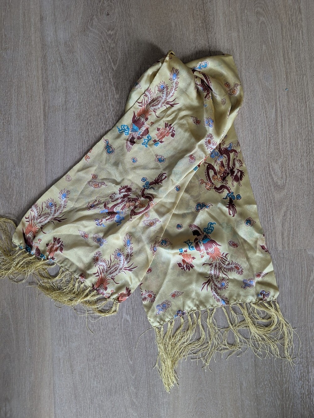 Vintage Pure Silk Dragon Oriental Butter Yellow Boho Floral Fringed Scarf